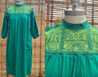 Vintage Green Cotton Dress | 60s Embroidered Bohemian Tunic