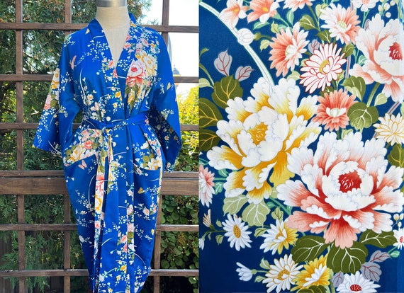 Japanese Floral Kimono Robe | Indigo Blue Floral … - image 1