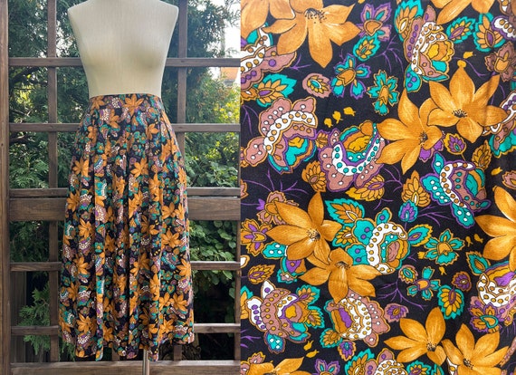 Floral Pleated Skirt in Golden Brown, Turquoise, … - image 1