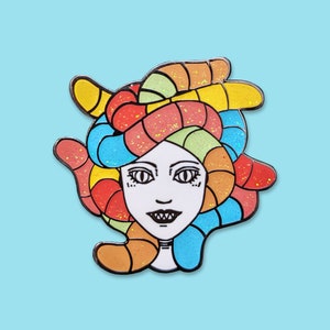 Sour Gummy Worm Medusa Pin, Glitter Greek Mythology Pin