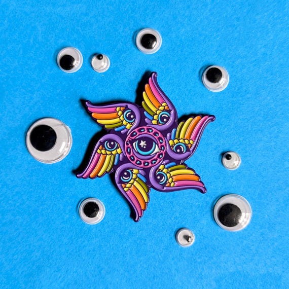 Biblically Accurate Lisa Frank Angel Pin, Girly Nostalgia, Rainbow Seraphim Pin