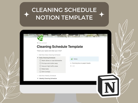 Notion Cleaning Schedule Template | Fully Editable Notion Cleaning Template and Organization Template