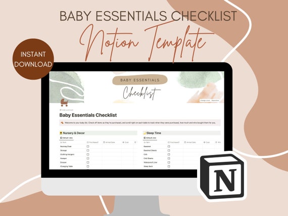 Baby Essentials Checklist Notion Template, Newborn Checklist, Nursery Checklist, Baby Registry Checklist, Instant Download