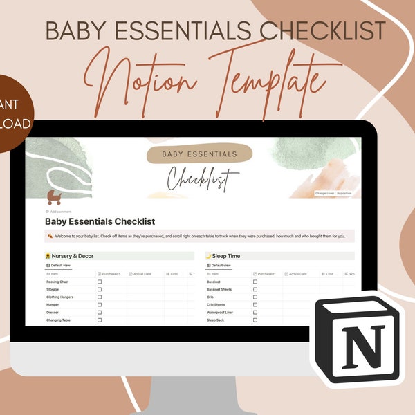 Baby Essentials Checklist Notion Template, Newborn Checklist, Nursery Checklist, Baby Registry Checklist, Instant Download
