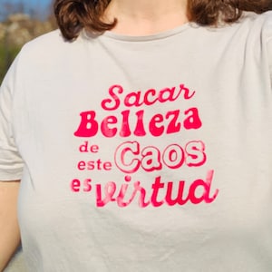 May include: A white t-shirt with a pink graphic that reads "Sacar Belleza de este Caos es virtud".
