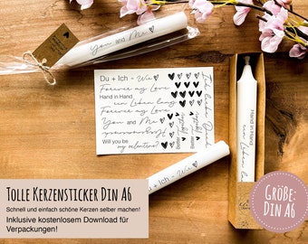 Kaars Tatoeages / Kaars Sticker Din A6 Vel "Ik hou van je" inclusief Freebie voor verpakking