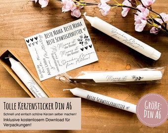 Kerzentattoos / Kerzensticker Din A6 Bogen "Beste Mama" inklusive Freebie für Verpackung