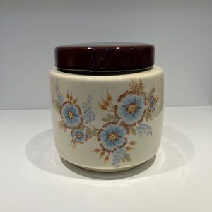 May include: A ceramic jar with a dark brown lid. The off-white jar is decorated with blue and brown floral patterns. The jar is cylindrical and sits on a white surface. The lid is a solid, glossy brown.