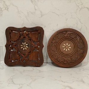 2 Vintage Hand Carved Sheesham Wood Trivet Plant Stand Decor