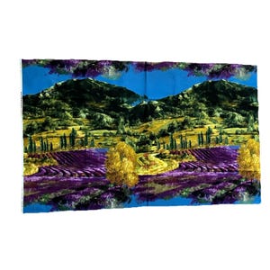 May include: A rectangular fabric panel featuring a printed landscape of purple lavender fields, golden yellow trees, and green rolling hills under a bright blue sky. The design includes a mirrored effect at the top and bottom edges of the fabric.