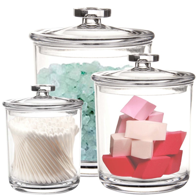 Tbestmax 12 Oz & 10 Oz Qtip Holder - 4 Pack Restroom Bathroom Organizers And Storage Containers, Pink Plastic Apothecary Jars With Lids For Cotton Swab, Cotton Round Pads, Floss
