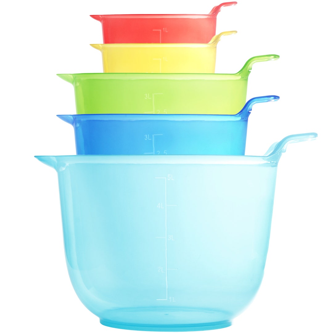 5 Pack Plastic Mixing Bowls Set, Large Measuring Bowls in 3 Sizes 1L