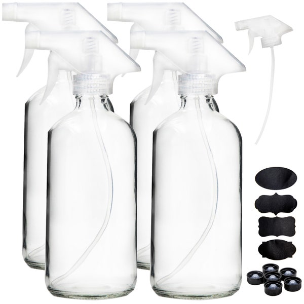 Youngever 4 Pack Empty Glass Spray Bottle, 16 Ounce Clear Glass Spray Bottle for Essential Oils with Extra Trigger Sprayers YE822.297