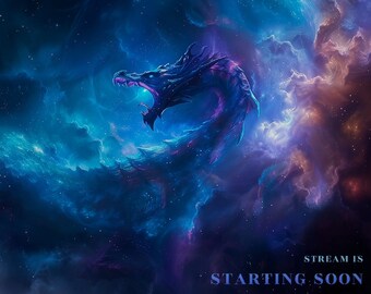 Dragon blue twitch overlay animated pack - galaxy fantasy universe background stream - screens - starting soon, be right back, ending