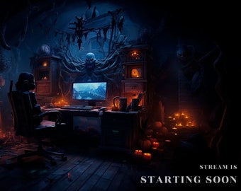 May include: A spooky themed Twitch stream pack with 2 cam overlays, a chat overlay, a live overlay, 22 panels, 2 sub panels, and 6 screens. The image shows a dark, dimly lit room with a gaming setup, featuring a computer monitor, a gaming chair, and a desk with various decorations. The text "STREAM IS STARTING SOON" is displayed at the bottom of the image.