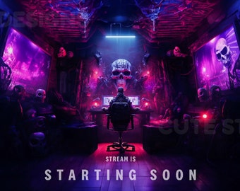 Goth twitch overlay animated - Gamer pink and blue neon skull screens perfect for your stream - Shooter cod background Vtuber looped