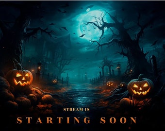 Spooky forest twitch overlay animated pack - Halloween pumpkin haunted tree background stream - Starting soon, be right back, ending offline