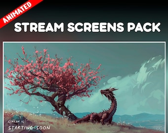 Dragon twitch overlay animated pack - mythological fantasy plain background stream screens - starting soon, be right back, ending, offline