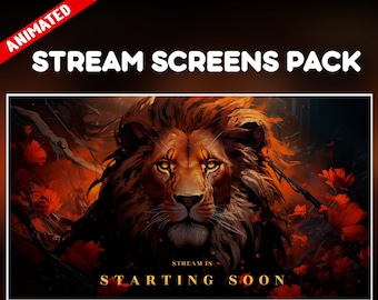 Fiery Lion Twitch Overlay Pack - Majestic Beast Animated Stream Background - King of Jungle Set- Starting soon, be right back, ending