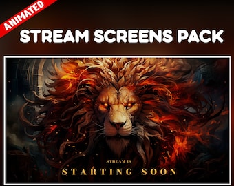 Fiery Lion Twitch Overlay Pack - Majestic Beast fire Animated Stream Background - King of Jungle Set- starting soon, be right back, ending