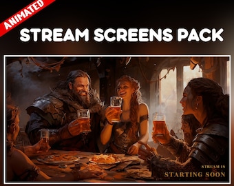 Écrans animés pour Twitch Pack Taverne Medieval Cosy - Superpositions de streamers D&D - Commence bientôt, reviens tout de suite, se termine, hors ligne