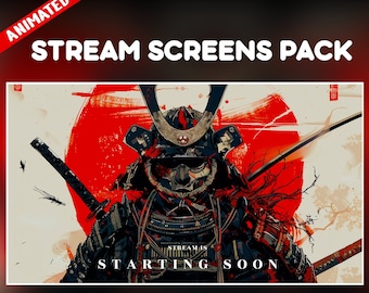 Samurai Red twitch overlay animated pack - warrior katana japanese background stream screens - starting soon, be right back, ending, offline