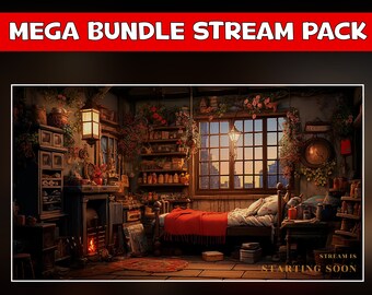 Cozy bedroom twitch overlay animated pack - room anime style japanese background stream - 6 screens - Chat, live and cam overlays, panels