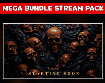 Gothic Skull Twitch Overlay Pack - Dark Fantasy Animated Stream Background- 6 screens - Chat, live and cam overlays, panels
