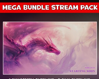 Dragon female twitch overlay animated pack - mythological fantasy pink background stream - screens - Chat, live and cam overlays - panels