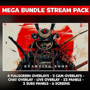 Samurai Red twitch overlay animated pack - warrior katana japanese background stream - 6 screens - Chat, live and cam overlays, panels