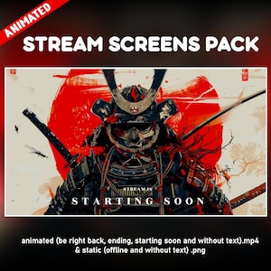 Samurai Red twitch overlay animated pack - warrior katana japanese background stream screens - starting soon, be right back, ending, offline