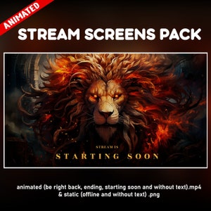 Op de afbeelding: Geanimeerd stream-schermpakket met een vurige leeuw met gloeiende rode ogen. De tekst "STREAM IS STARTING SOON" wordt onder de leeuw weergegeven.
