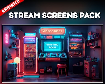 Retro Twitch overlay animated - Inspired 80s Videogame screens - starting soon , be right back , ending and offline