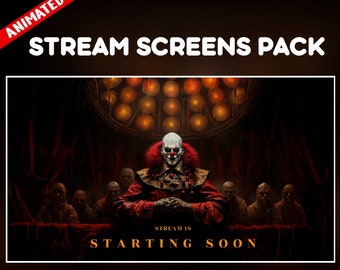 Horror Clown twitch overlay animated - terror circus gothic spooky screens for stream - starting soon, be right back, ending offline