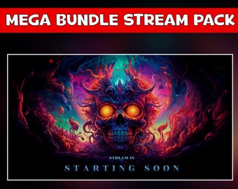 May include: A digital illustration of a skull with glowing eyes surrounded by a psychedelic forest. The text "STREAM IS STARTING SOON" is below the skull. The image is for a stream pack that includes 2 cam overlays, a chat overlay, a live overlay, 22 panels, 2 subs panels, and 6 screens.