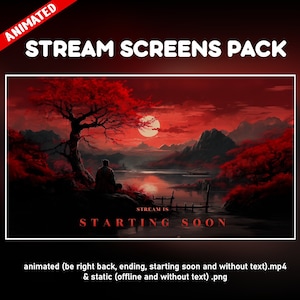 Samurai Red twitch overlay animated pack - warrior cozy  japanese background stream - 6 screens - starting soon, be right back, ending
