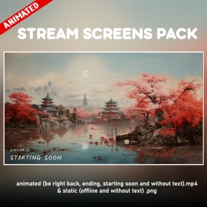 Japan city  twitch overlay animated package - Cozy Asian Cherry trees background stream - starting soon, be right back, ending, offline