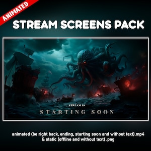 Screenshots animiertes Twitch Pack Cthulhu-Biest-Mythologie – Overlays-Stream Kraken-Piratenkampf – Beginn bald, bin gleich wieder da, Ende