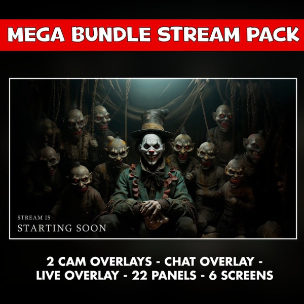 Horror circus twitch overlay animated - terror clown gothic spooky screens for stream - starting soon , be right back , ending and offline