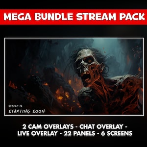 Zombie dark twitch overlay animated package - Terror zombie gothic spooky stream background -  chat cam overlay, screens, panels