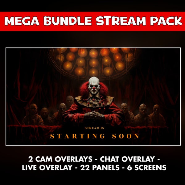 Horror Clown twitch overlay animated - terror circus gothic spooky screens for stream background looped - chat cam overlay, screens, panels