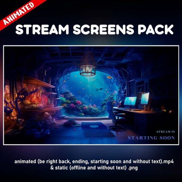 Fantasy submarine Twitch overlay animated pack  - whimsical background cozy undersea room stream screens - starting soon, be right back