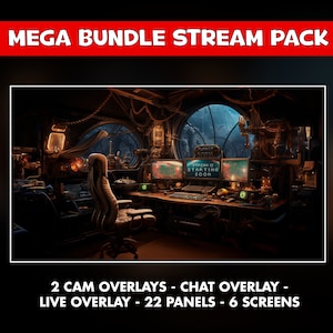 Puede incluir: Una configuración de streaming de estilo steampunk oscuro con una silla de juego, varios monitores y un escritorio con varios artilugios y decoraciones. El texto "STREAM IS STARTING SOON" se muestra en uno de los monitores.