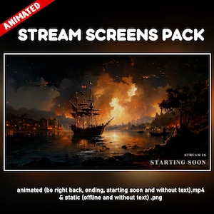 Pirates Twitch overlay animated pack - Inspired background battle war sailing stream fire - starting soon, be right back, ending, offline