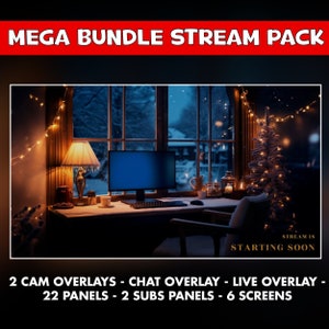 PACK Weihnachtsanimierte Bildschirme, gemütlicher Fantasieraum – Overlays, Stream, nur Chat – Chat, Live, Subs, Cam-Overlays – Panels