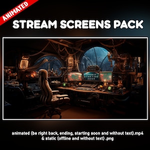 Retro Futuristic Gamer room twitch overlay animated pack - steampunk background stream screens- starting soon, be right back, ending offline