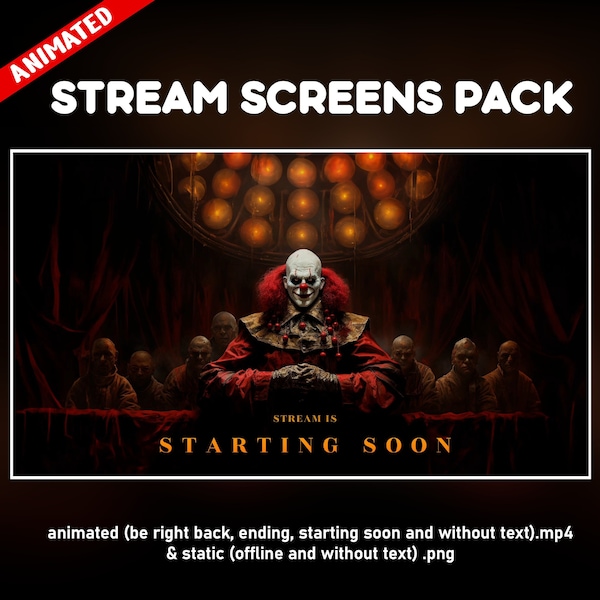 Horror Clown twitch overlay animated - terror circus gothic spooky screens for stream - starting soon, be right back, ending offline