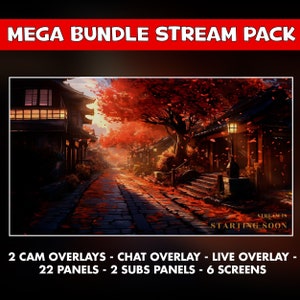 Asian medieval city twitch overlay animated pack - japanese cozy stream background screens Vtuber - Chat, live and cam overlays - panels