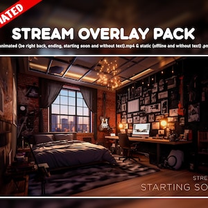 Peut inclure: Un pack de superposition de flux numérique avec un mur en briques, un lit, un bureau et une vue sur la ville depuis une fenêtre. Le texte "STREAM IS STARTING SOON" est affiché en bas de l'image.
