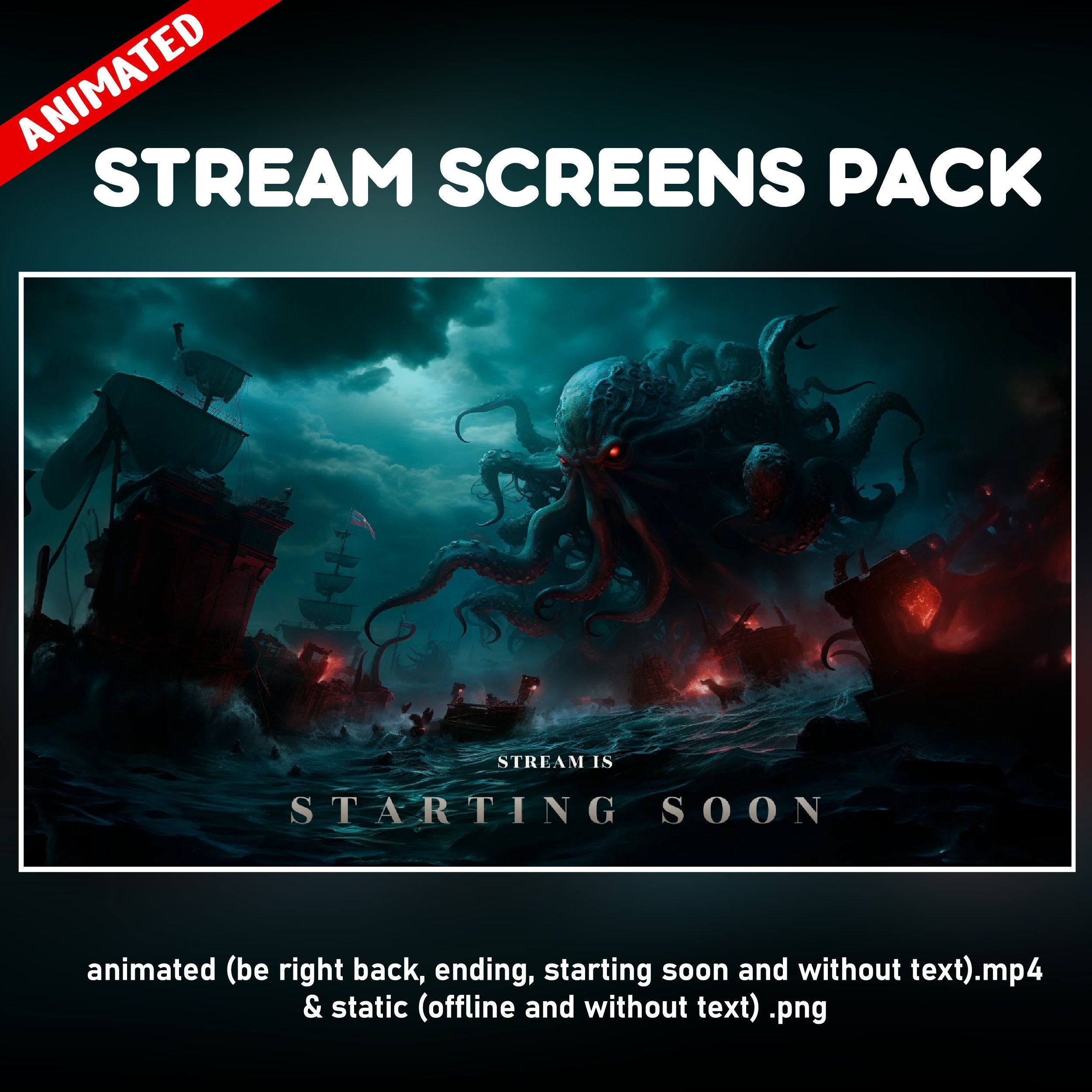 Cthulhu twitch overlay animated package - Cthulhu background stream screens mythological  Kraken - starting soon, be right back, ending